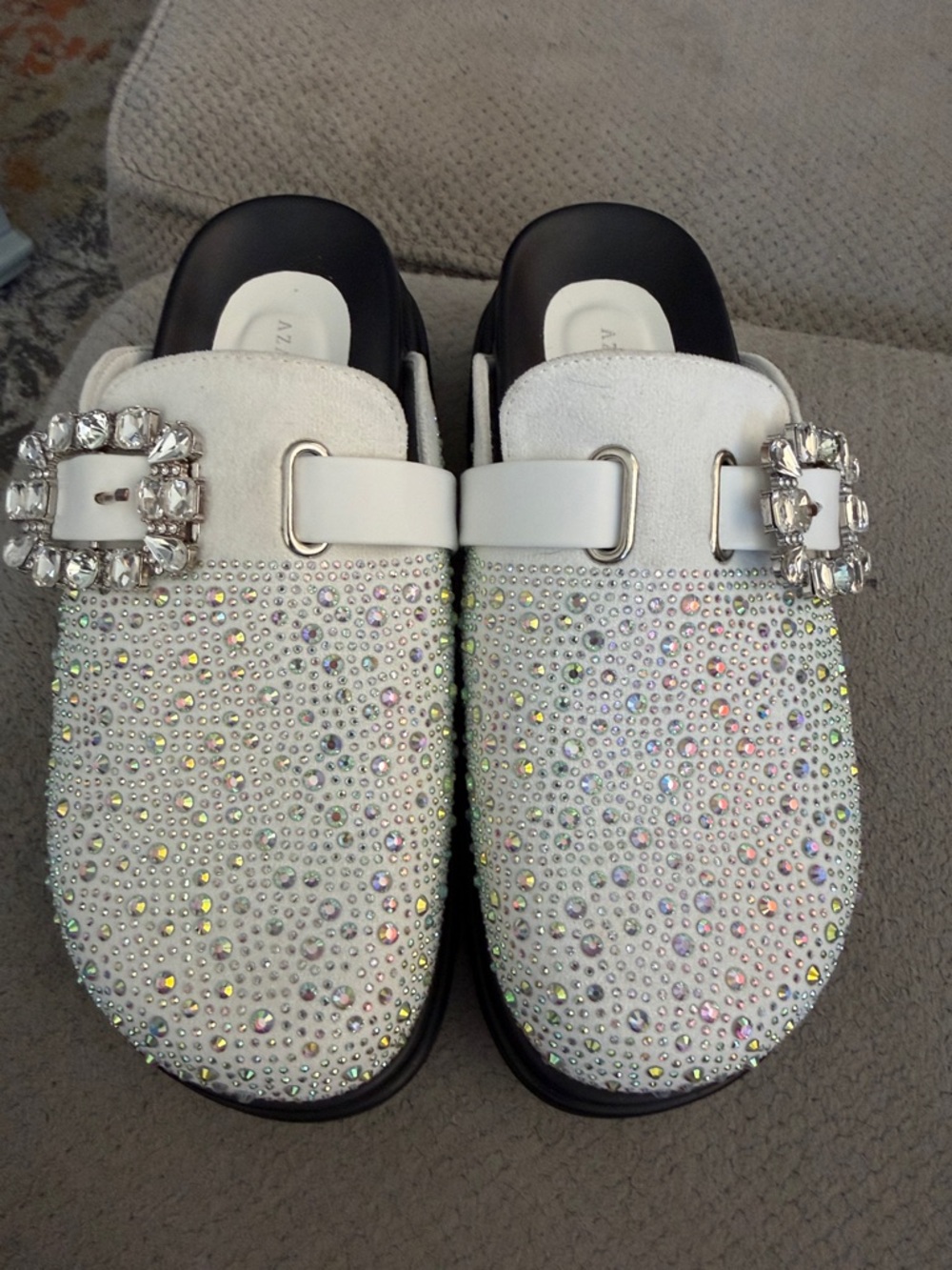 Embellished White Crystal Buckle Mules